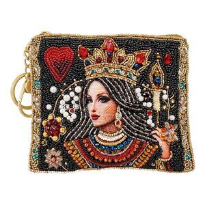 Mary Frances The Queen Coin Purse Zip Red Jeweled Crown Key Ring Black Bag NEW